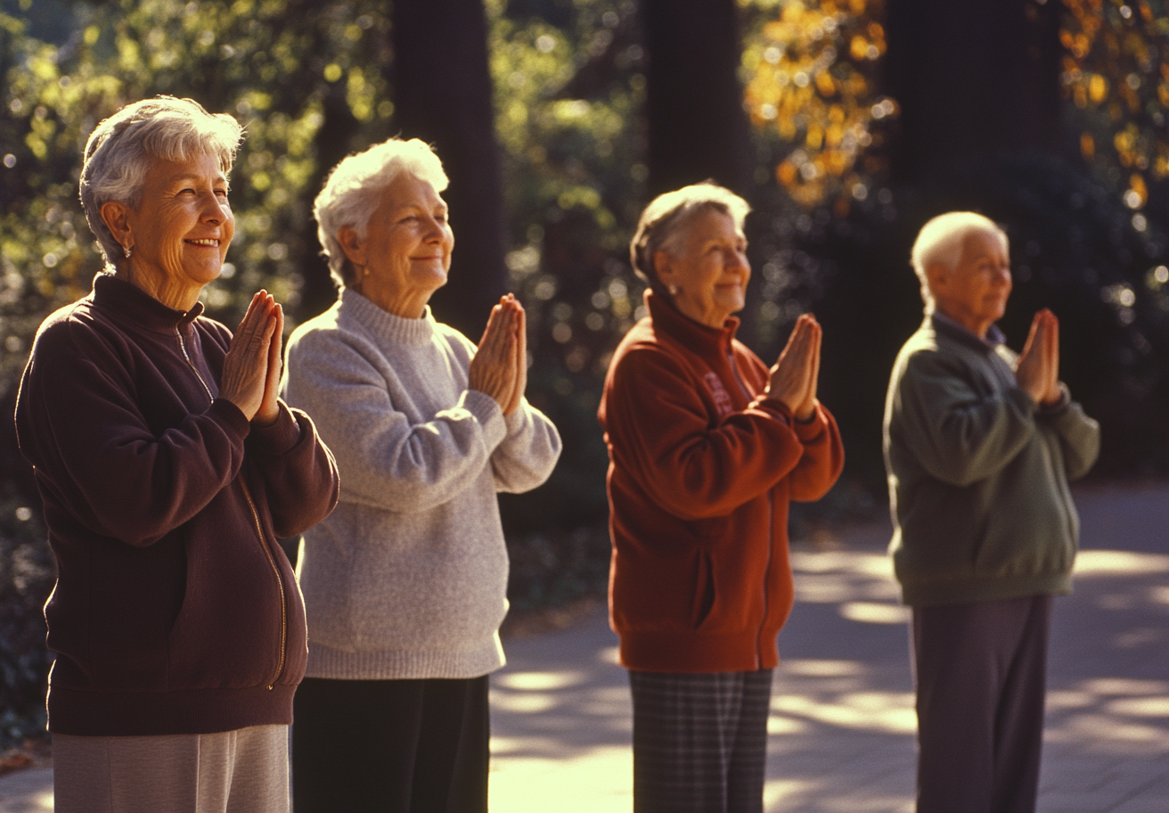 Група старших людей практикує йогу в парку